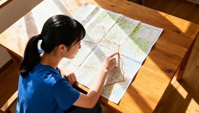 Teen planning road trip with folded map on sunlit wooden table pointing route and tracing directions