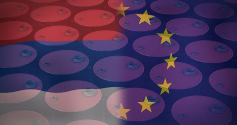 Flags of russia and eu overlapping on barrels representing energy crisis