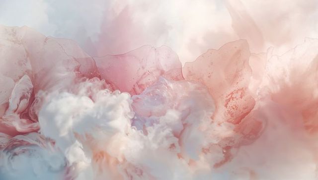 Pastel vapor cloudscape with translucent petal forms, misty plumes and ethereal droplets