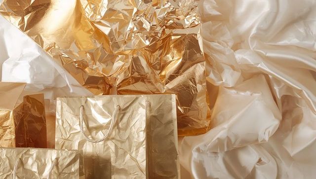 Crumpled gold foil and luxury gift bags on cream satin showcasing reflective texture
