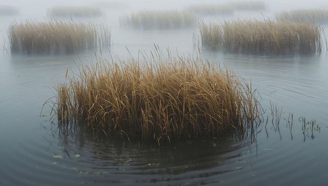 Misty marsh grass clump rising from still water creating concentric ripples and calm mood