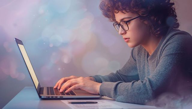 Focused Woman Typing on Laptop at Minimalist Desk