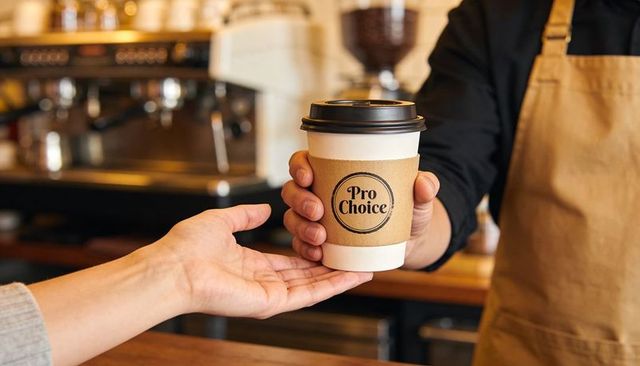 Barista handing pro choice takeaway coffee cup to customer over counter in cozy cafe