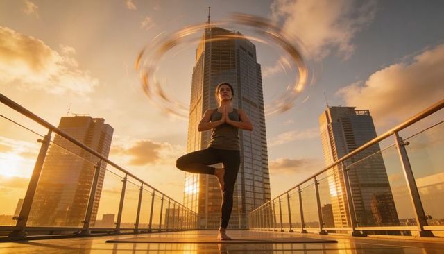 Sunrise rooftop yoga practicing tree pose balancing under halo of light around city tower
