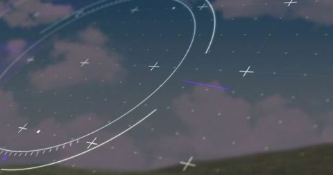 Holographic hud overlay hovering over twilight hilltop with concentric arcs and grid