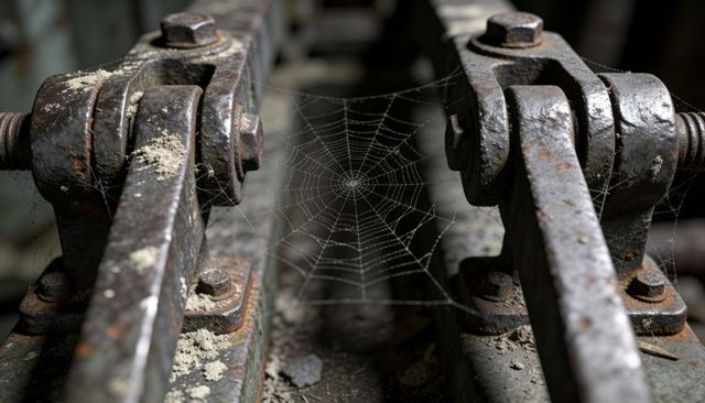 Spider web suspending between rusting linkages inside abandoned workshop showing macro dust texture