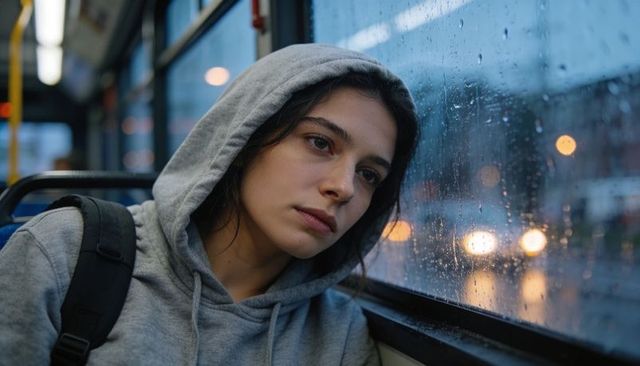 Melancholic commuter resting head against rain-speckled bus window at dusk