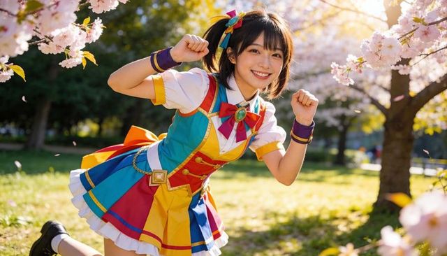 Asian cosplayer kneeling among sakura blossoms, smiling in vibrant idol costume, backlit