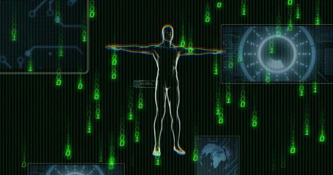 Glowing Human Silhouette Standing T-pose Surrounded by Falling Binary Code and Futuristic HUD