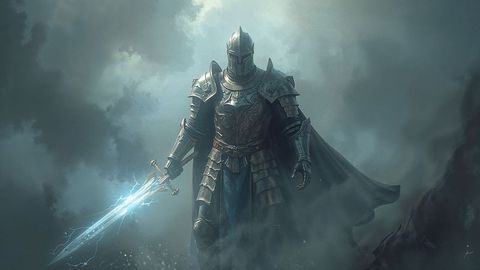 Epic medieval knight wielding lightning sword in mystical battlefield