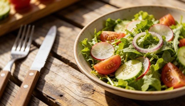 Serving fresh garden salad with cherry tomatoes cucumber and onion on rustic wood table