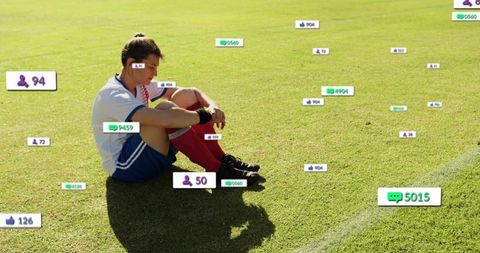 Woman soccer player sitting on sideline with social media likes and comments