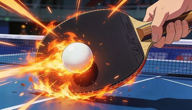 Smashing table tennis racket striking flaming ball in high-speed competitive action