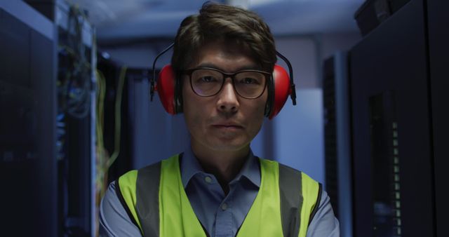 Portrait of asian male it technician wearing headphones by computer server. information technology, data processing and computer servers.
