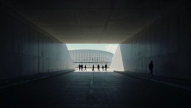 Silhouetted pedestrians walking through concrete tunnel toward modern stadium, backlit