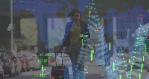 Woman Walking with Suitcase Amidst Global Finance Overlay