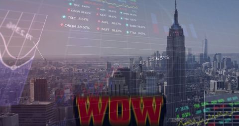 Financial graphs overlaid on new york city skyline representing stock market trends