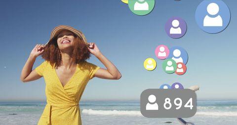 Smiling Woman on Beach with Social Media Icons
