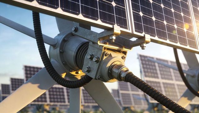 Rotating solar tracker joint with conduit and mounting bracket at photovoltaic farm