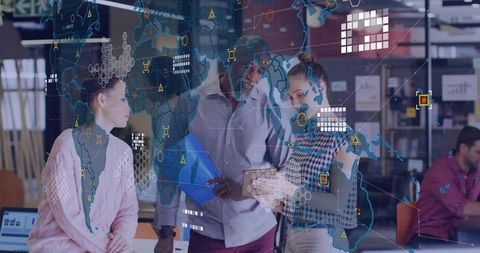 Diverse Team Collaborating in Tech Office with Digital Overlay