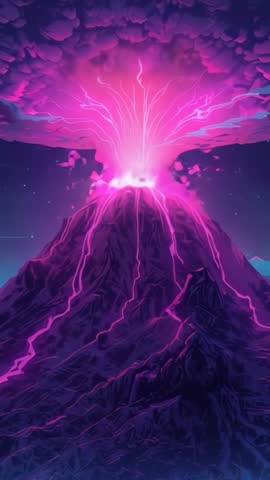 Neon Volcano Erupting with Electric Lava and Ash Cloud in Vertical Sci-Fi Scene