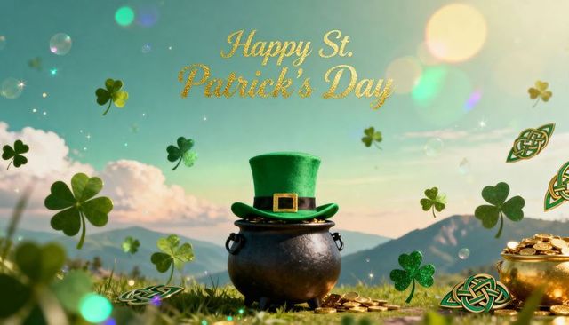 Whimsical st. Patrick's day cauldron wearing green top hat, floating shamrocks and gold