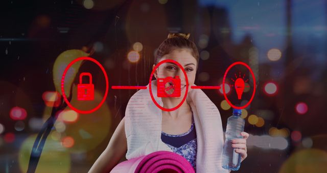 This image features a woman holding a yoga mat and water bottle with cyber security icons overlayed on top, against a night cityscape background. The icons represent a lock, camera, and lightbulb connected in a sequence, symbolizing security, surveillance, and ideas or innovation. Ideal for use in articles, blogs, or campaigns focusing on cyber security, fitness technology, or data protection. Can be used by tech companies, wellness brands, or security firms in visual content.