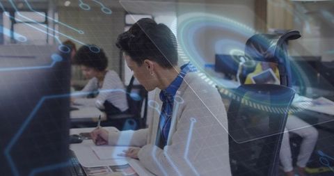 Hispanic Professional Writing Notes with Futuristic Digital Overlays