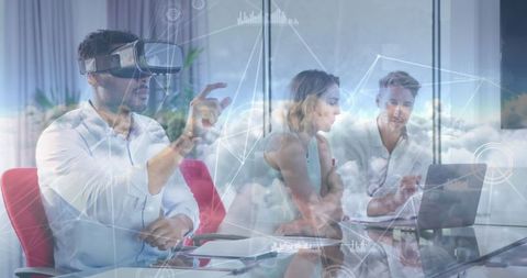 Businessman Engaging Virtual Interface in Modern Conferencing Room