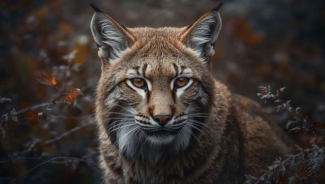 Eurasian lynx staring with amber eyes in autumn forest, close-up wildlife portrait