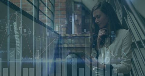 Businesswoman Analyzing Financial Data with Innovative Technology Overlay