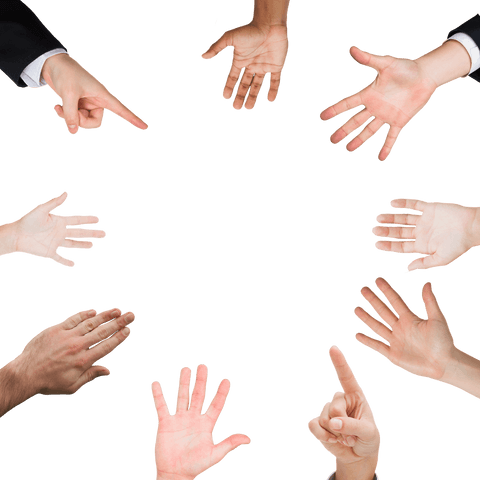 Diverse hands pointing in circle on transparent background