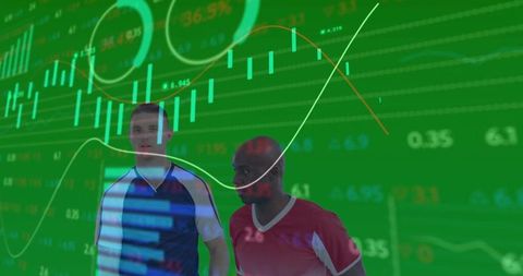 Soccer Players Standing with Financial Charts Overlay Representing Performance Analytics