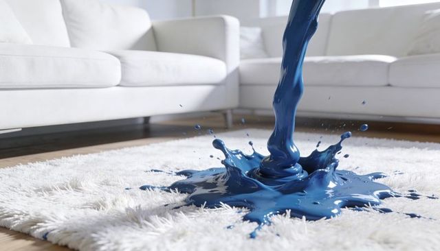 Pouring cerulean paint splashing across white shag rug in contemporary living room