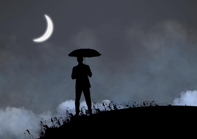 This image depicts a silhouette of a man holding an umbrella, standing on a hill under a moonlit night sky. The scene is dark and mysterious, with the crescent moon casting a serene glow. This image can be used for themes related to solitude, tranquility, mystery, or nighttime landscapes. It is suitable for use in blogs, websites, or advertisements focusing on peaceful or introspective moments.