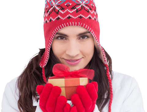 Brunette Woman in Winter Clothing Holding Gift on Transparent Background