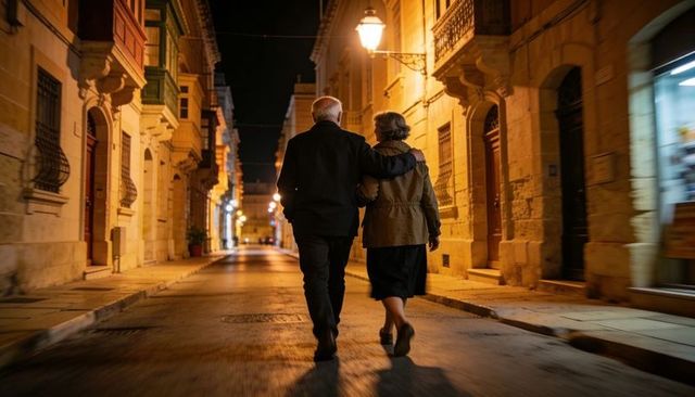 Older couple walking arm-in-arm down historic city street at night