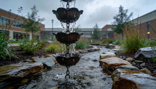 Cascading rain chain pouring into stone stream in modern courtyard landscape