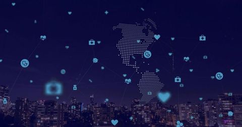 Dotted Digital Map of North America Projecting Medical Icons Over Futuristic Urban Skyline