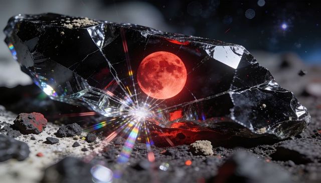 Obsidian shard reflecting blood moon and rainbow diffraction on lunar regolith