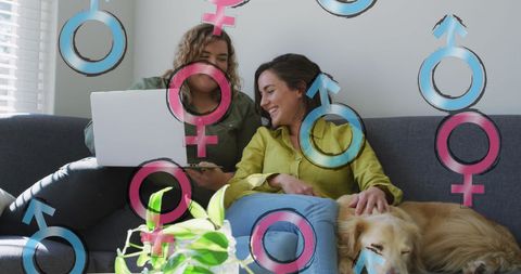 Lesbian Couple Relaxing with Digital Gender Symbols Overlay - Download Free Stock Images Pikwizard.com