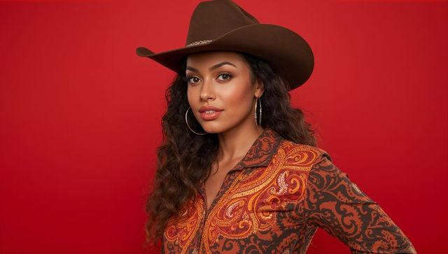 Elegant african-american woman in cowboy chic outfit with red background