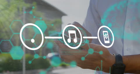 Hands Using Smartphone with Futuristic Tech Icons Overlay