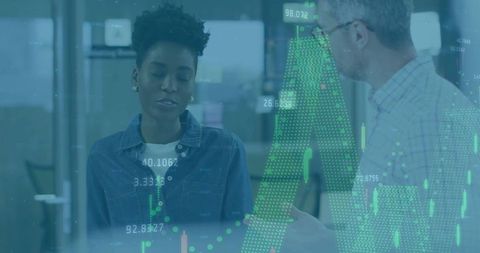 Collaboration on financial analytics with digital charts in office