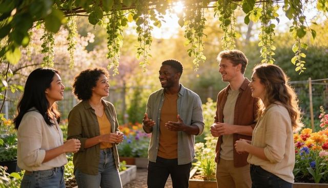 Sunlit garden gathering friends chatting among blooms and hanging vines during golden hour