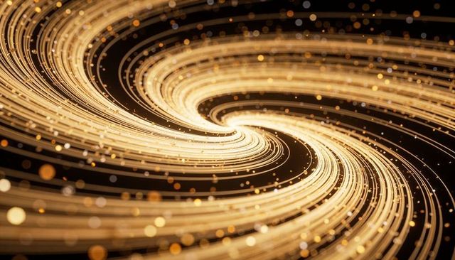 Swirling golden light vortex with spiral ribbons and bokeh particles for backgrounds