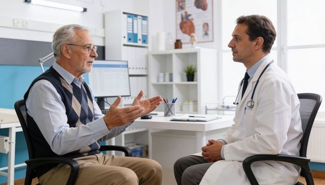 Senior man consulting doctor in clinic, discussing symptoms, diagnosis and treatment plan