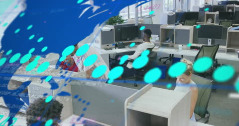 Diverse Team Collaborates in Modern Open Office with Digital Overlay