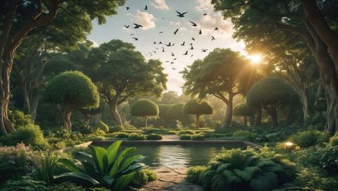 Tranquil natural haven with sunlit glistening pond and soaring birds, garden of eden concept