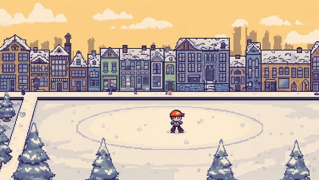 Retro pixel winter town with character standing on frozen pond, snowy streets scene